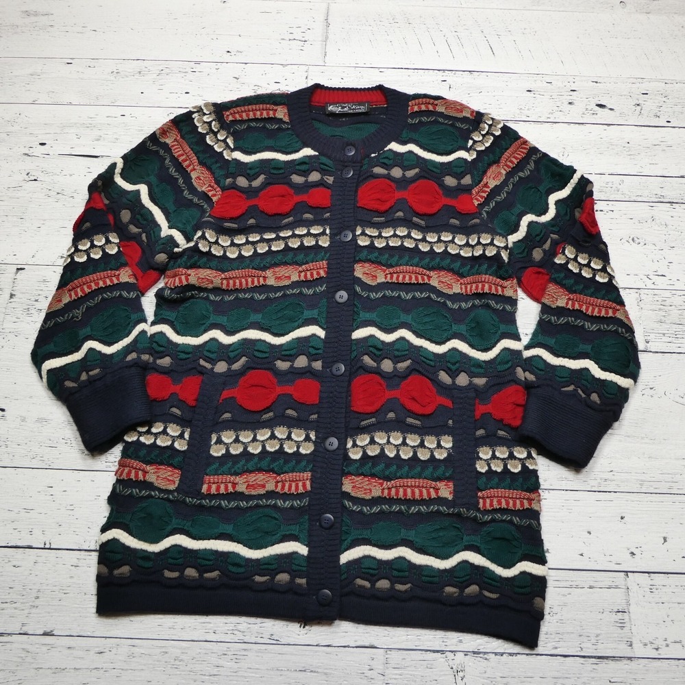 VINTAGE Oskar Haug Irish Cardigan Sweater Womens Large Blue Green‎ Wool Blend 3D